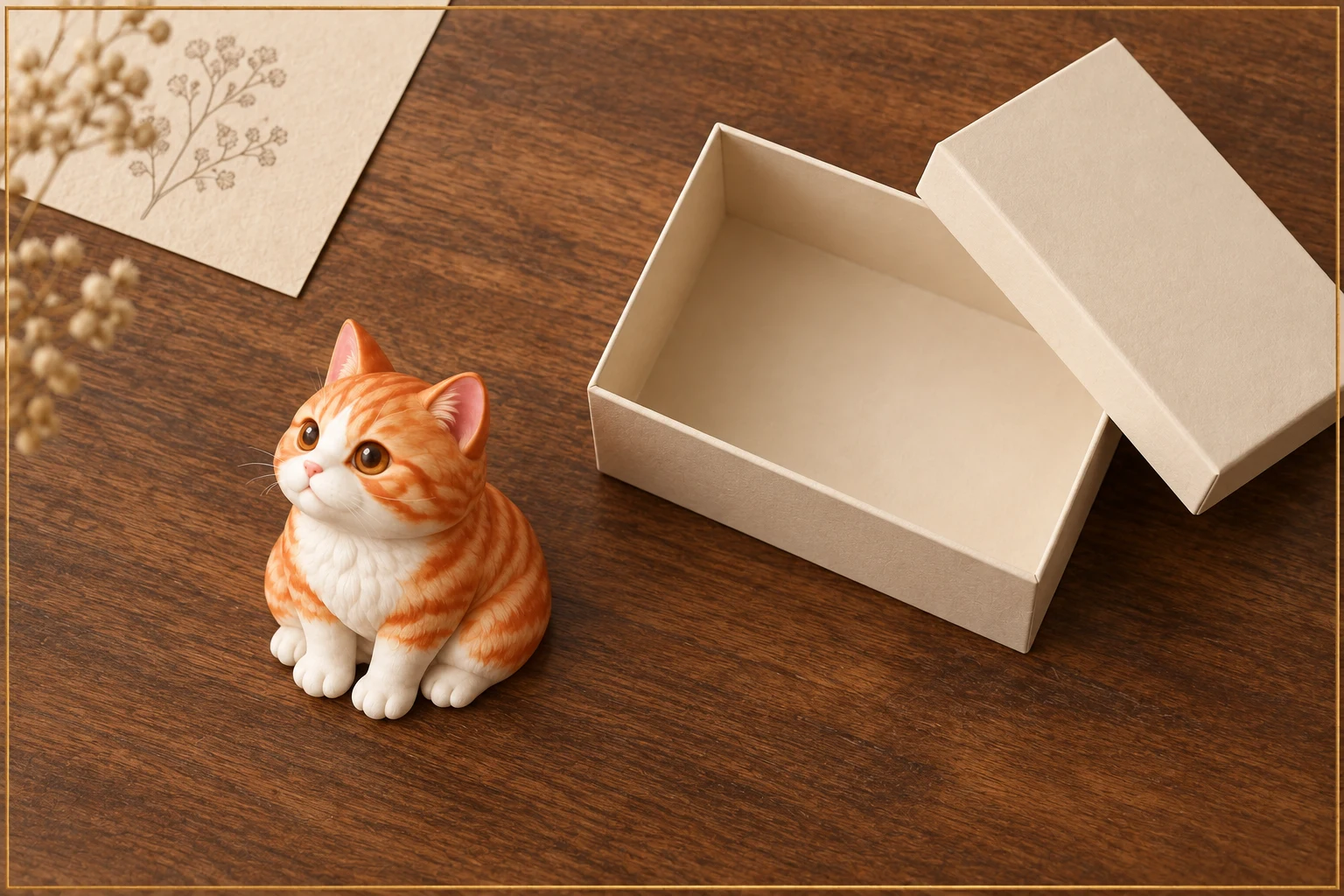 AI illustration of an orange-and-white cat figurine beside an open empty box and its lid, before packing.
