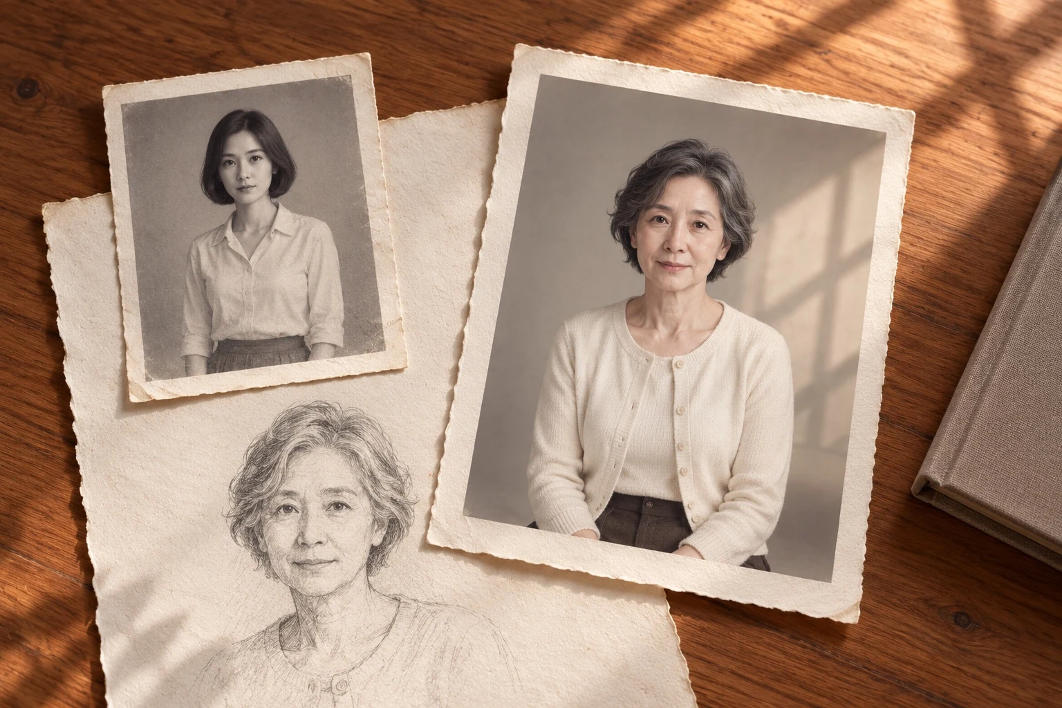 Portraits of a woman at two stages of her life, alongside a pencil sketch and a photo album on a wooden table.