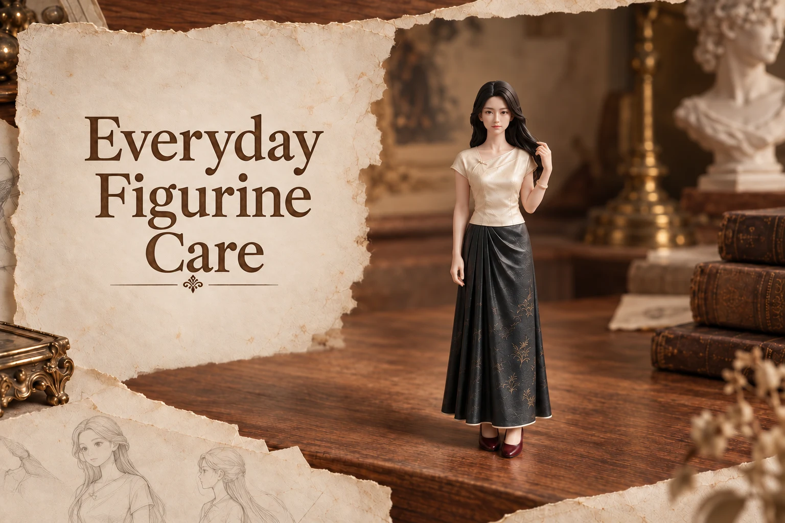 AI illustration of a female figurine on a wooden table beside the words “Everyday Figurine Care.”