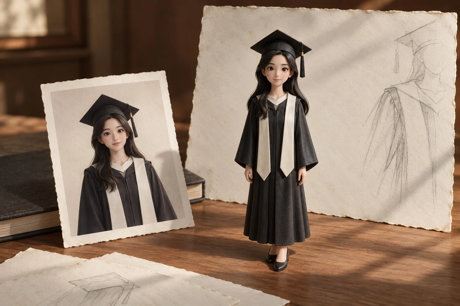 A graduate figurine in a black cap and gown, displayed with a matching graduation portrait and pencil sketches.