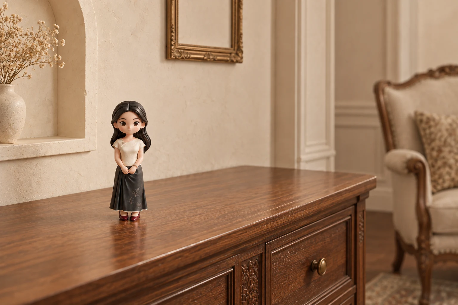 AI illustration of a female figurine on a wooden cabinet with clear space around it for handling.