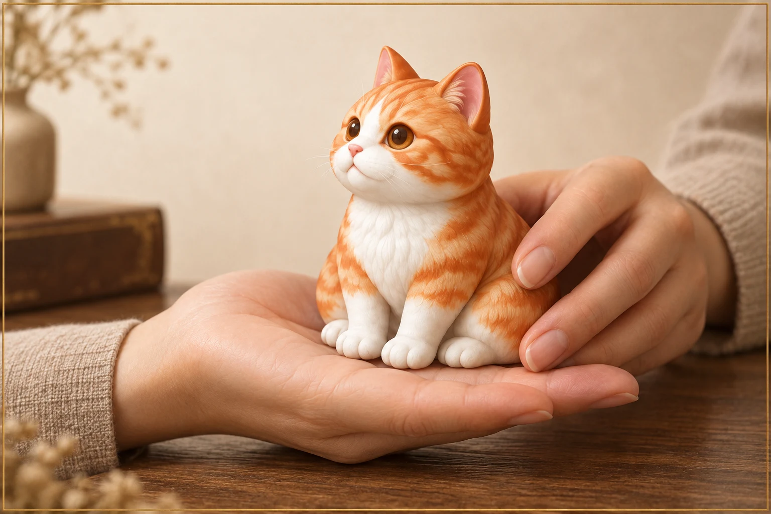 AI illustration of one hand supporting an orange-and-white cat figurine from below while the other steadies its side.