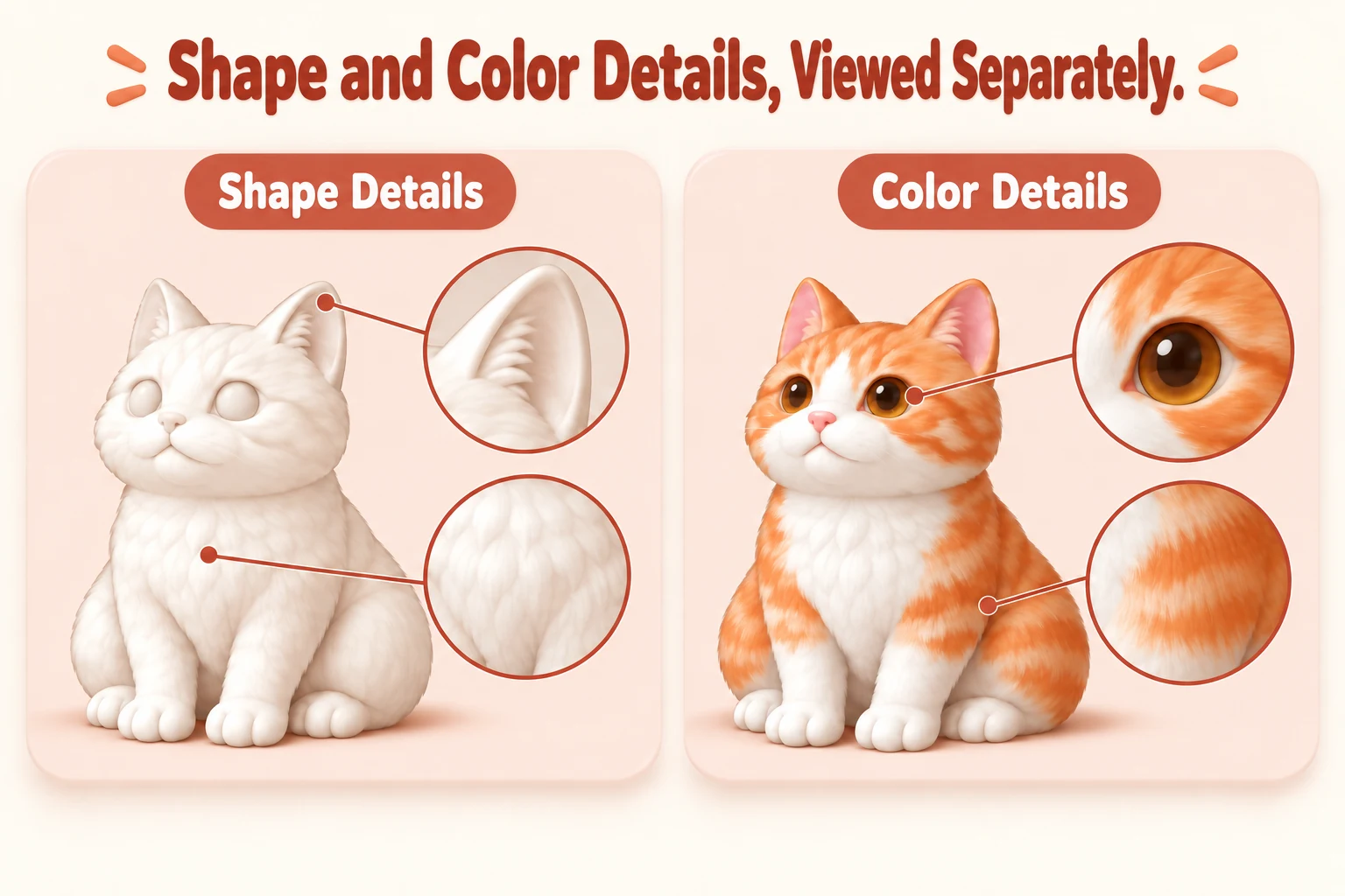 Cat figurines showing shape details in the ears and sculpted fur, alongside color details in the eyes and orange-and-white fur patterns.
