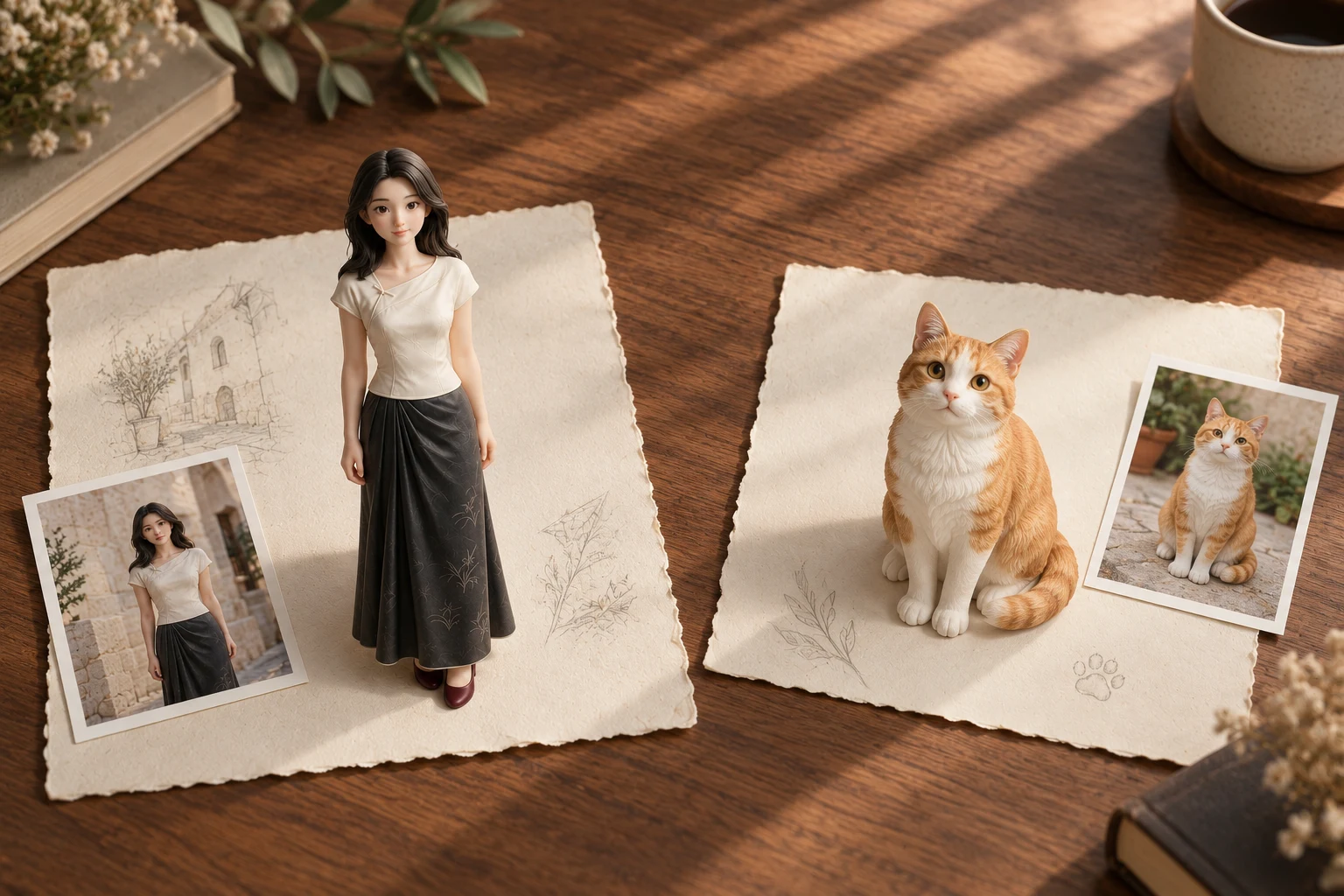 A calico cat’s photo alongside its 3D model and alternate views, with gold lines linking matching features in a sunlit gallery.