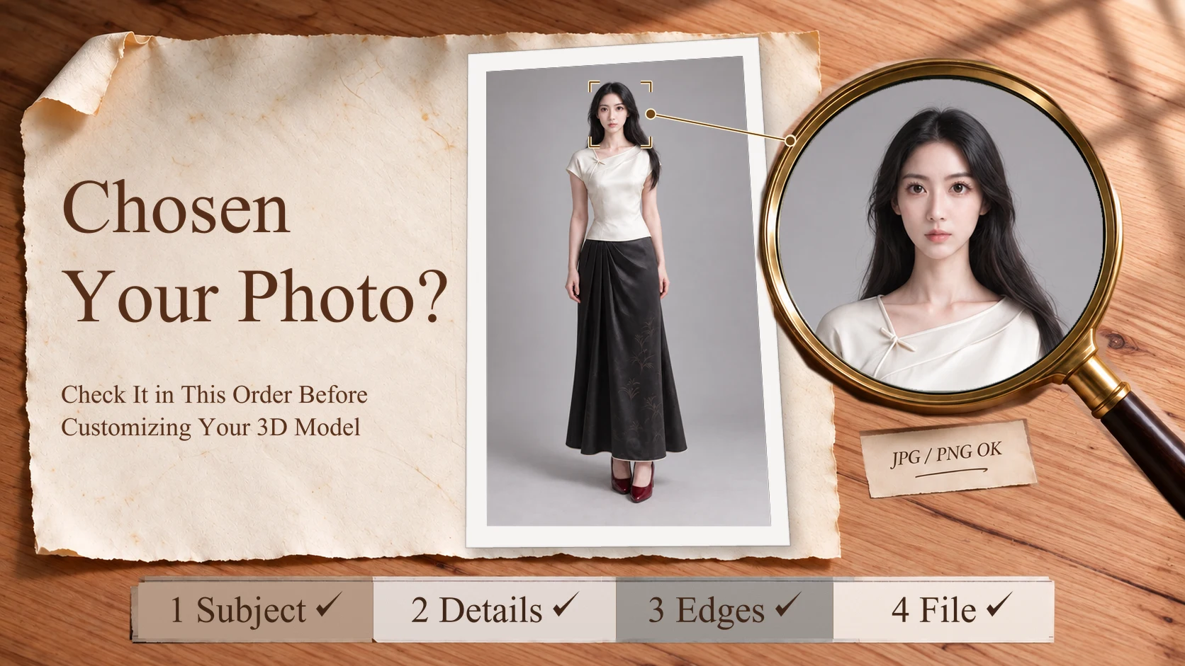 Full-body photo with a magnified face and checks for subject, details, edges, and file.