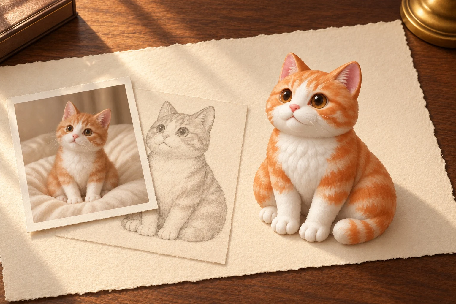 An orange-and-white cat figurine beside a kitten photo and a pencil sketch on cream paper.